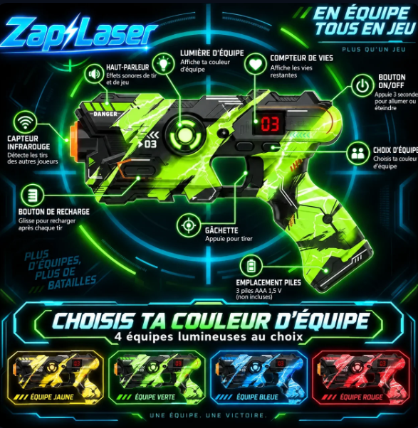 ZapLaser vert : commandes, LED et quatre couleurs d'équipe